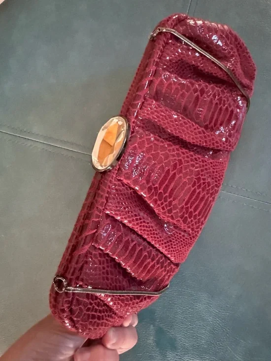 Kate Landry Wine Red Snake-Texture Evening Clutch with Chain Strap - Picture 4 of 13